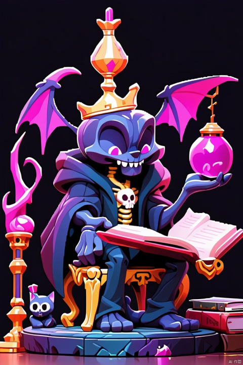 1boy, hooded robe, statue, no eyes, skeleton, pixel art, wings, cup, wine glass, robe, demon boy, black cat, alcohol, book, sitting on bar, reading, throne, holding, holding wand, skull, crown, on chair, staff, sitting, vampire, sitting on object, drinking glass, smile, crystal, wand, demon wings, cloak, hanging light, magic circle, wine, cat, open book, black background, black cloak,
masterpiece, newest, absurdres, safe