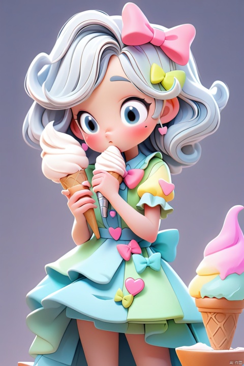 A delightful, pastel-colored animated character with silver hair, holding a colorful ice cream cone, wears a cute, pastel-hued outfit adorned with bows, and stands beside a wooden ice cream cone holder, all set against a white background