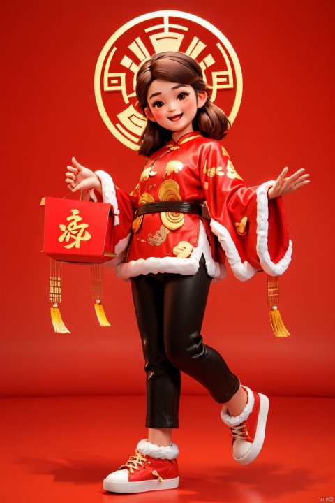 NY_BQB, solo, 1girl, standing, simple background, open mouth, brown hair, full body, smile, chinese clothes, pants, looking at viewer, chinese new year, holding, lucky fu, blush, long sleeves, red footwear, fur trim, short hair, teeth, white background, black eyes, shoes