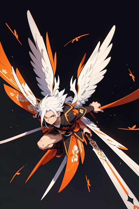 best quality,(masterpiece),A Chinese anime man with white hair, dressed in black and orange traditional , has long wings on his back, flying out of the air to attack, sharp blades hanging from his hands, and a pure dark background. The lines have clear details, and he is surrounded by three-dimensional effects. High definition resolution and high quality details. In the style of high detail