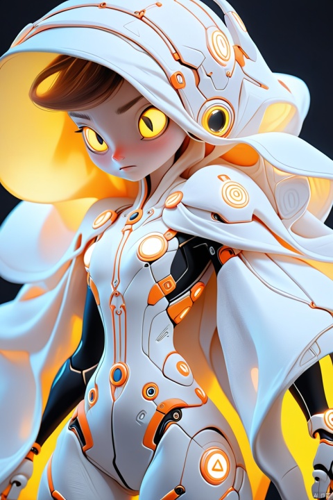 The image showcases a detailed, futuristic robotic suit adorned with intricate designs and symbols. The suit is predominantly white with touches of orange and black. The visor is translucent, revealing a glowing yellow eye, and it's wrapped in a large, flowing white cloak. The robotic components are meticulously crafted, with various buttons, switches, and panels