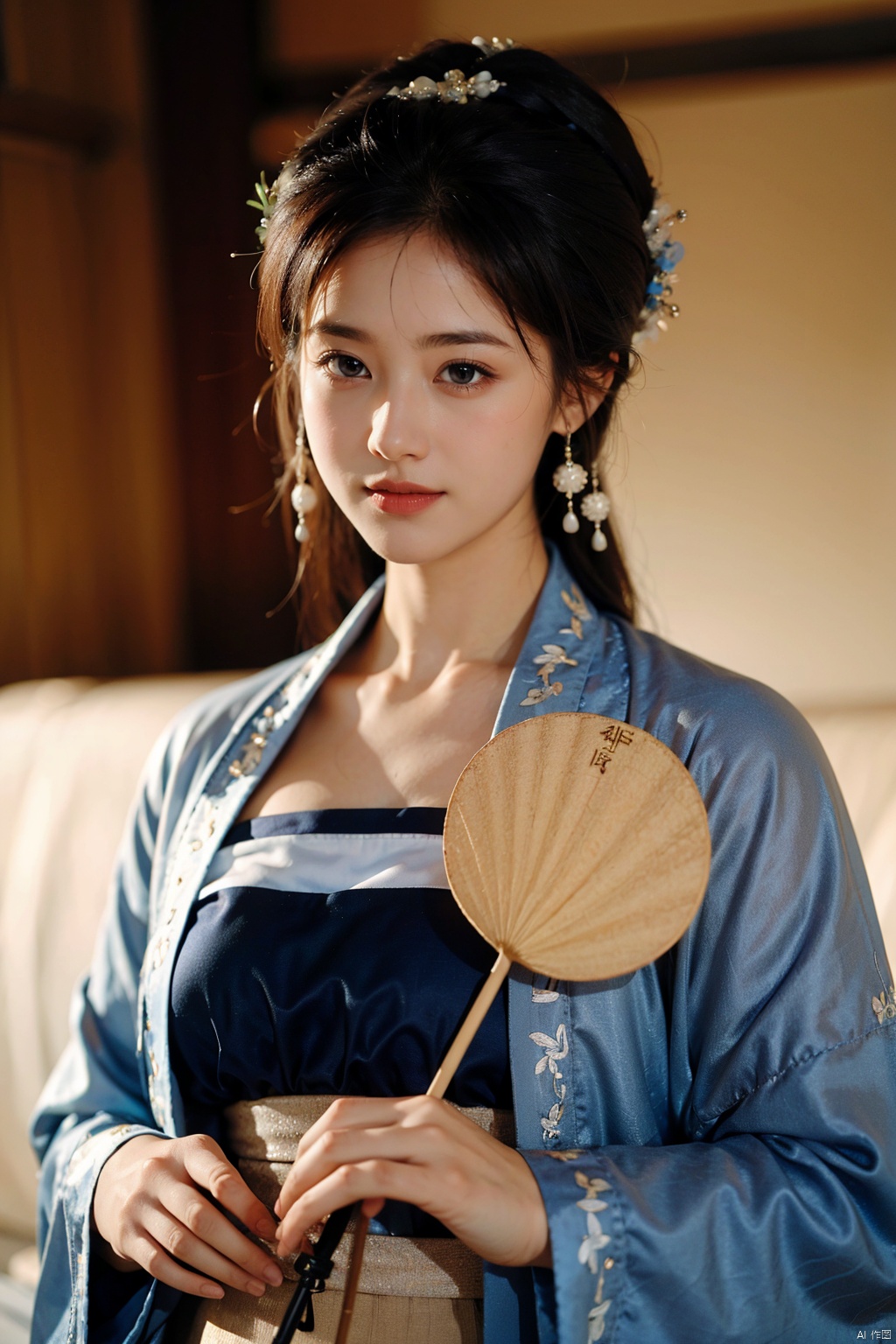 1girl,tuanshan,blue traditional attire,hanfu,holds a fan,upper body,, masterpiece,best quality,very aesthetic,absurdres,