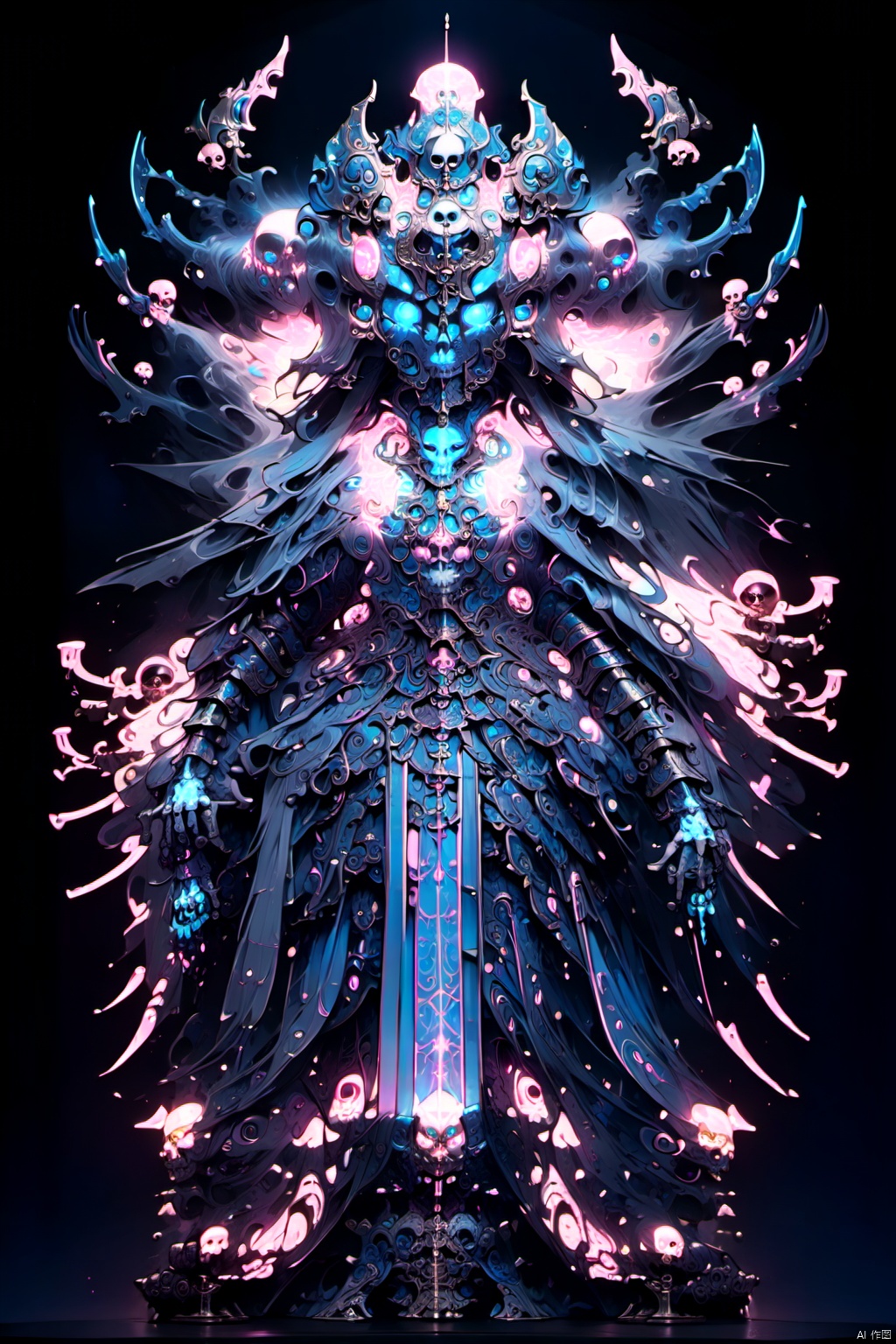  solo,(masterpiece), (best quality),An intricately designed, ethereal figure with a skull-like face, glowing eyes, and ornate armor stands against a dark background. The figure is adorned with blue and pink luminescent details, giving it an otherworldly and mystical appearance