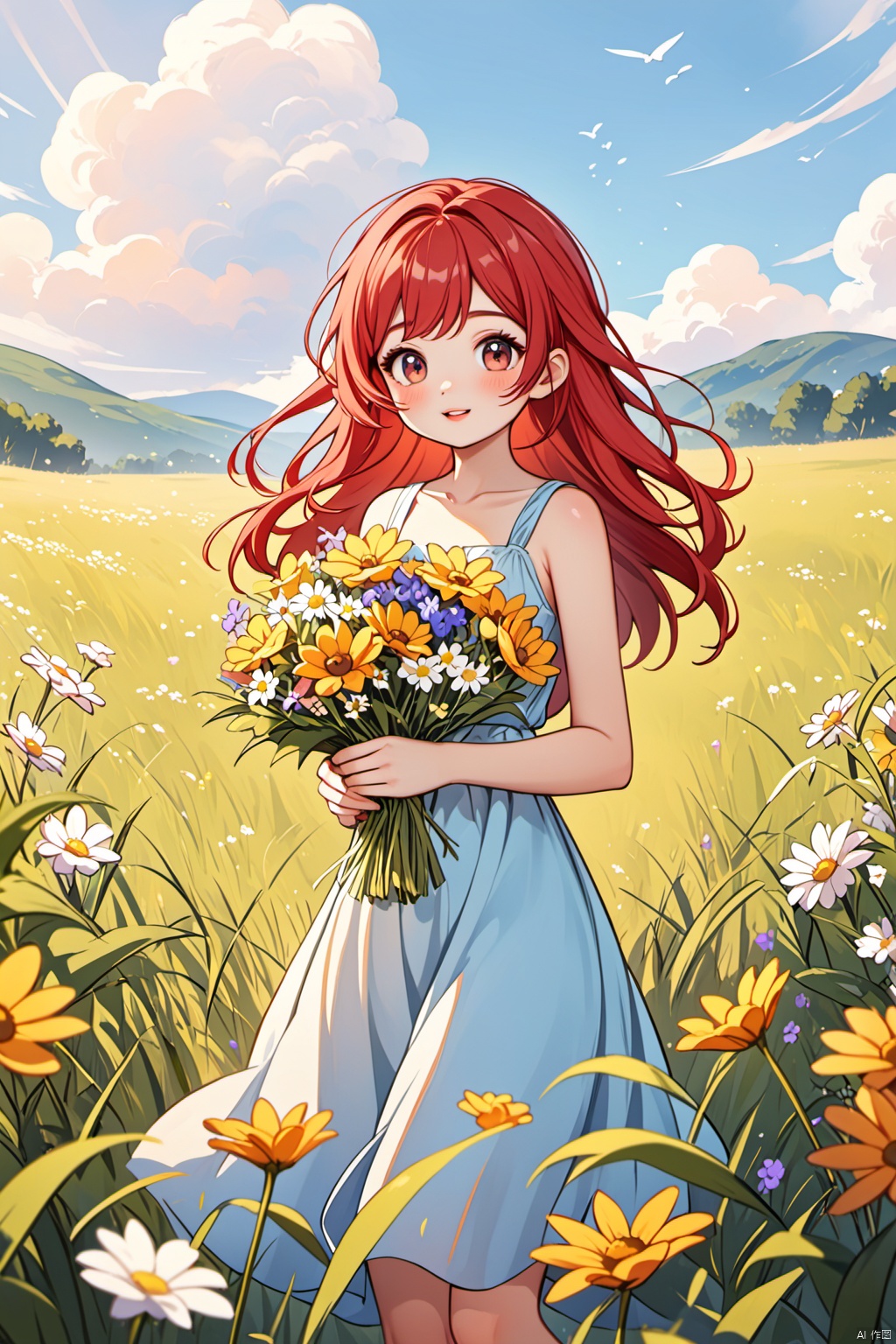  a girl with bright red hair,wearing a sundress and holding a bouquet of wildflowers,standing in a field of tall grass with a soft breeze blowing through,close up. BREAK the scene should capture the whimsical and carefree style of Sakimichan,with a sense of peace and tranquility in the air.,CGArt Illustrator,
masterpiece, newest, absurdres, safe