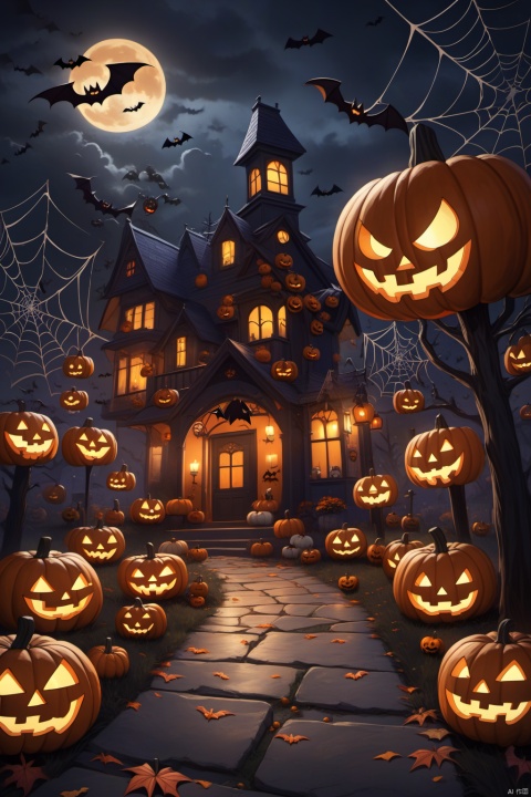 Halloween, trick-or-treaters, jack-o-lanterns, spider webs, bats flying, dark skies, Surrealism, eerie lighting, highly detailed,
masterpiece,best quality,very aesthetic,absurdres,