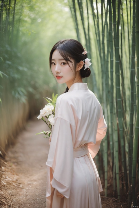 Camera film style,masterpiece, best quality,1girl, asians, a young woman dressed in a traditional, pastel-colored robe, standing amidst a bamboo forest. She holds a bouquet of white flowers in her hands and has a gentle expression on her face