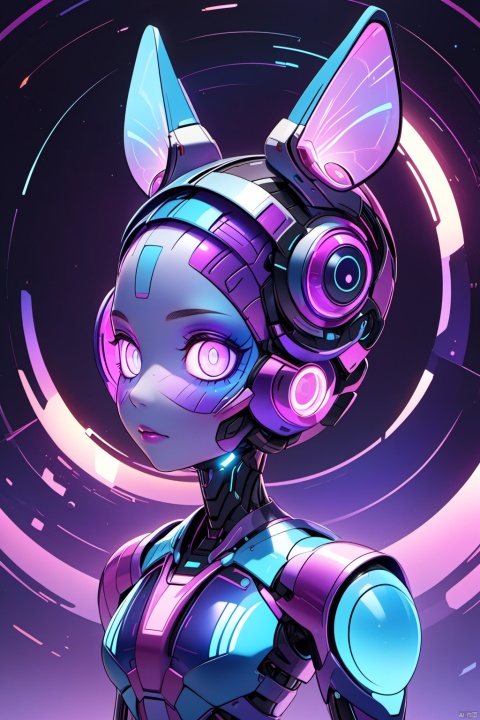  solo,(masterpiece), (best quality),A vibrant, 3D animated character, possibly a robot or cyborg, with holographic skin and a metallic appearance. The character's large, round ears are illuminated in hues of blue, pink, and purple, and it has a reflective surface, giving it a futuristic and ethereal look