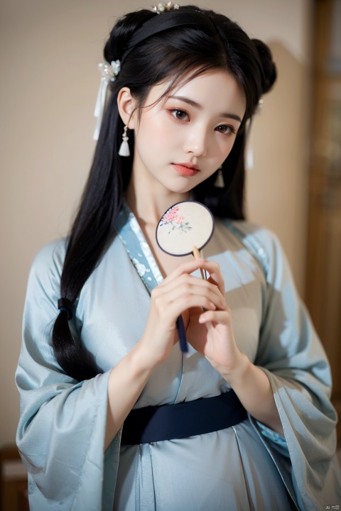 1girl,tuanshan,blue traditional attire,hanfu,holds a fan,upper body,, masterpiece,best quality,very aesthetic,absurdres,