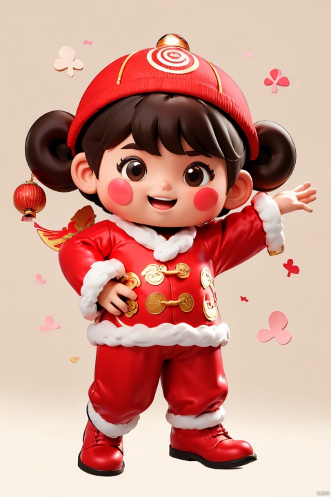 NY_BQB, smile, open mouth, 1girl, chibi, white background, simple background, solo, standing, fur trim, hat, full body, blush stickers, brown hair, looking at viewer, pants, black eyes, chinese new year, red footwear, red shirt, shirt, solid oval eyes, fur-trimmed sleeves, long sleeves, shoes, jacket, short hair, red pants
