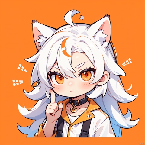  chibi,Correct body structure, correct finger structure, correct pupil structure, single, orange and white hair, cat, long hair, golden pupil, male, collar, collar, blank background,