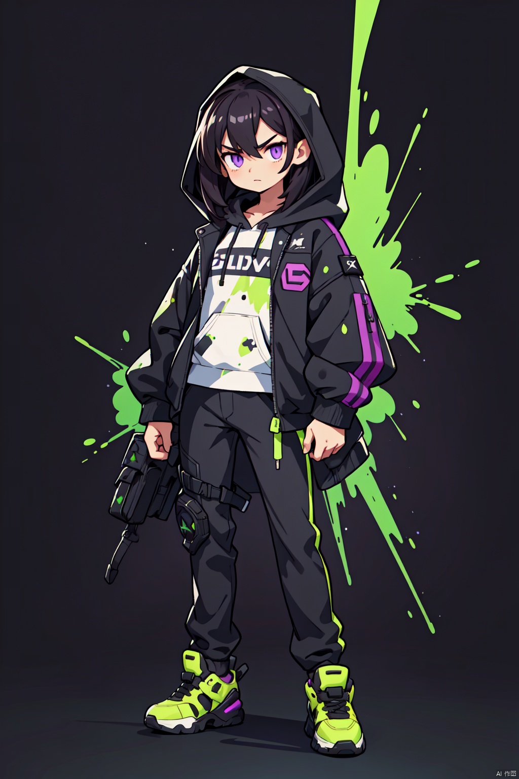 solo,(masterpiece), (best quality),A futuristic animated character with dark hair, purple eyes, and a stern expression, wearing a black jacket adorned with a logo and a hoodie beneath, stands confidently against a dark background, surrounded by neon-green splatters