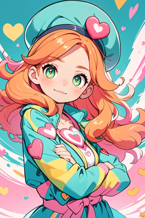  solo,(masterpiece), (best quality),A vibrant animated female character with long wavy orange hair, green eyes, and a playful expression is dressed in a teal jacket with a heart patch and a pink beret. She's seen from the waist up and is posed with her arms crossed, exuding a sense of confidence