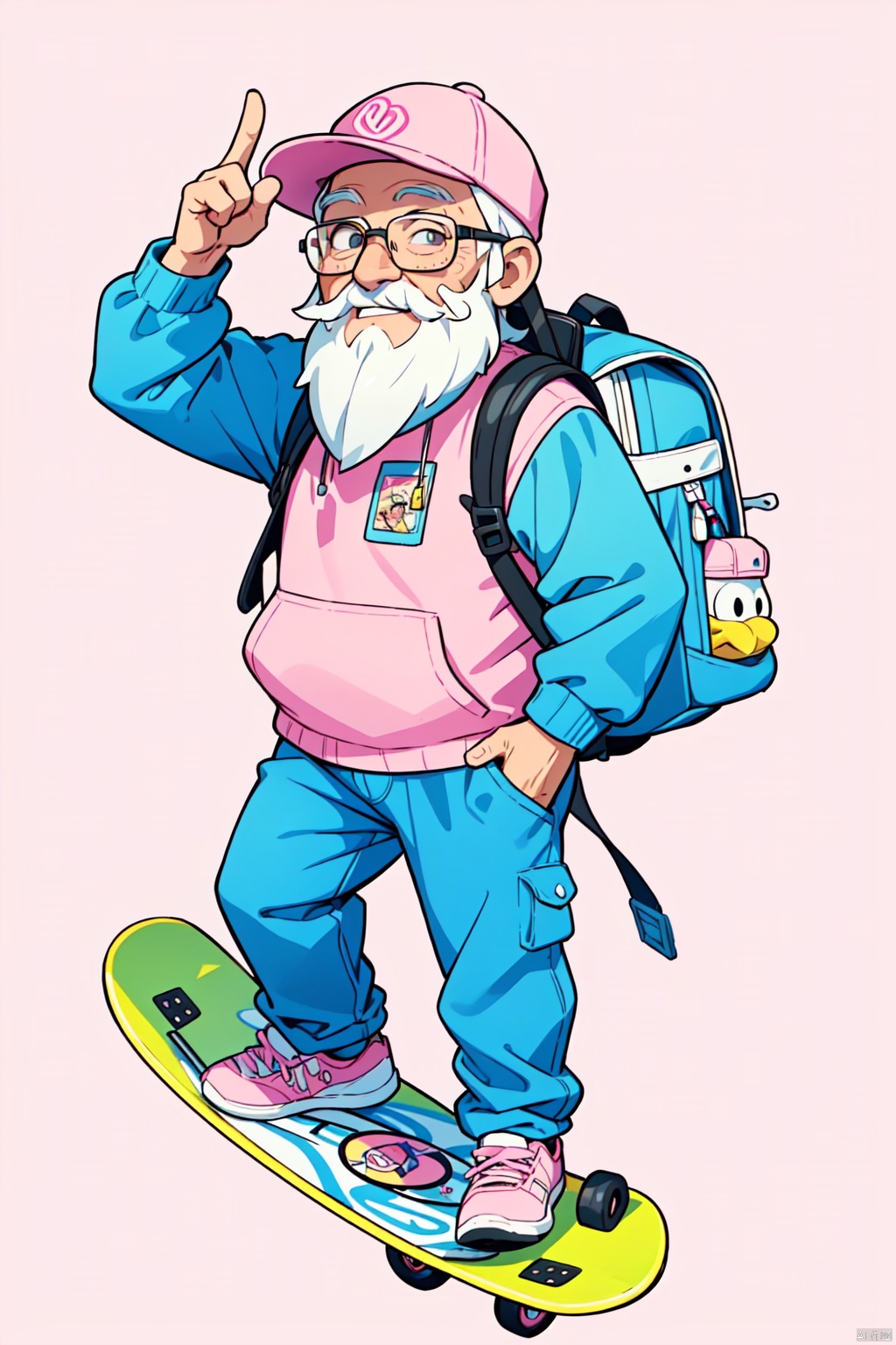 (masterpiece), (best quality),The image showcases a vibrant 3D animated character, an elderly man with a white beard, wearing a pink cap, glasses, and a backpack. He's posed next to a colorful skateboard, exuding a relaxed and adventurous vibe