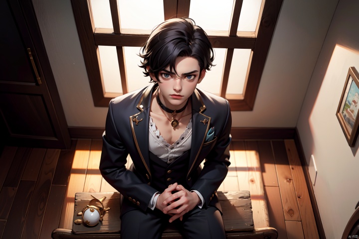 1boy,a young male character with dark hair, intense eyes, and a stern expression. He is seated in a dimly lit room, possibly a cell, with sunlight streaming in from above. The character is handcuffed and wears a choker around his neck. The artistic style is detailed, with intricate shading and highlights, giving depth to the image,
masterpiece,best quality,very aesthetic,absurdres,