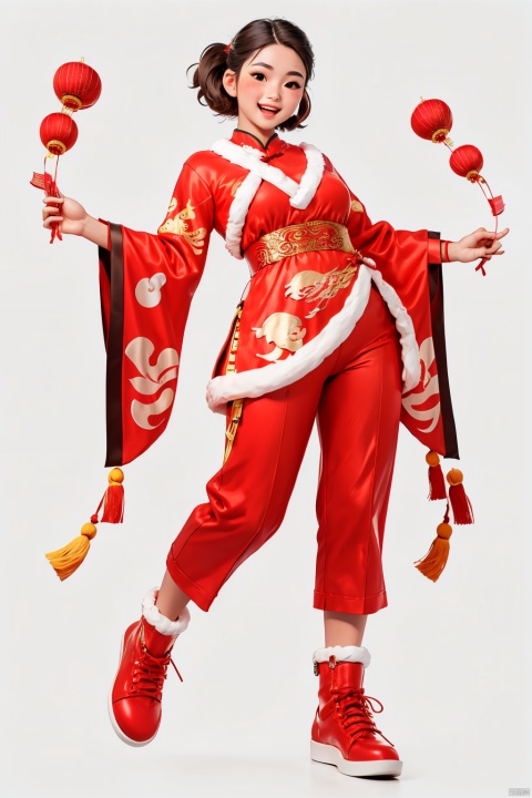 NY_BQB, solo, 1girl, standing, simple background, open mouth, brown hair, full body, smile, chinese clothes, pants, looking at viewer, chinese new year, holding, lucky fu, blush, long sleeves, red footwear, fur trim, short hair, teeth, white background, black eyes, shoes