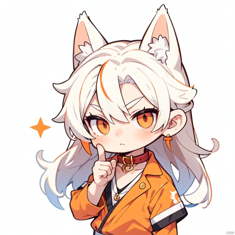  chibi,Correct body structure, correct finger structure, correct pupil structure, single, orange and white hair, cat, long hair, golden pupil, male, collar, collar, blank background,