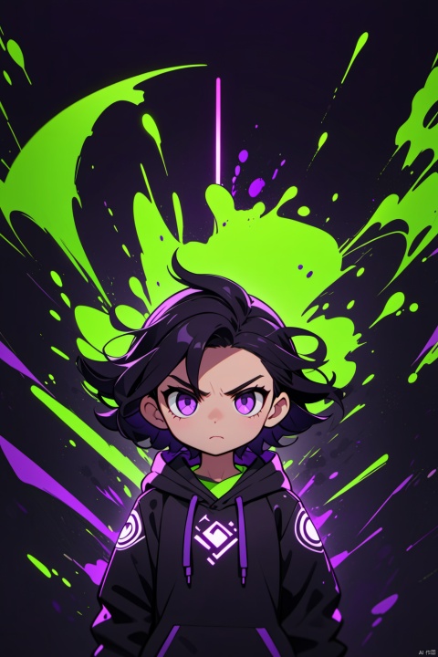  solo,(masterpiece), (best quality), A futuristic animated character with dark hair, purple eyes, and a stern expression, wearing a black jacket adorned with a logo and a hoodie beneath, stands confidently against a dark background, surrounded by neon-green splatters