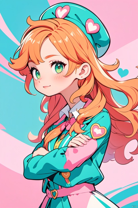  solo,(masterpiece), (best quality),A vibrant animated female character with long wavy orange hair, green eyes, and a playful expression is dressed in a teal jacket with a heart patch and a pink beret. She's seen from the waist up and is posed with her arms crossed, exuding a sense of confidence