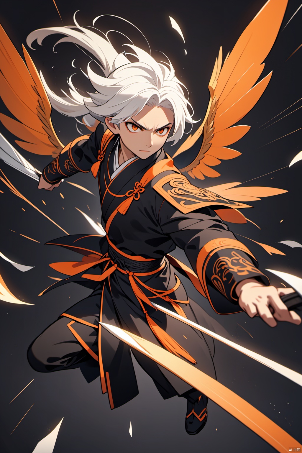  solo,best quality,(masterpiece),A Chinese anime man with white hair, dressed in black and orange traditional , has long wings on his back, flying out of the air to attack, sharp blades hanging from his hands, and a pure dark background. The lines have clear details, and he is surrounded by three-dimensional effects. High definition resolution and high quality details. In the style of high detail