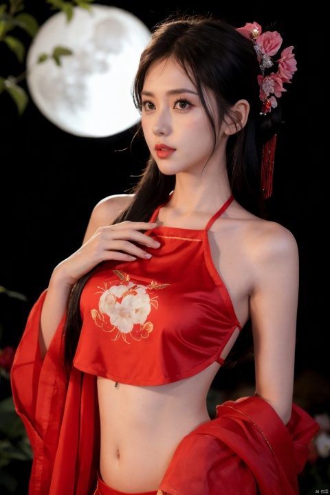  1girl, navel, solo, midriff, bare shoulders, hair ornament, flower, hair flower, paper lantern, black hair, red lips, looking at viewer, chinese clothes, blurry, solo focus, long hair, lips, night, moon, flower, lipstick, outdoors, upper body, blurry background, solo, makeup, hair bun