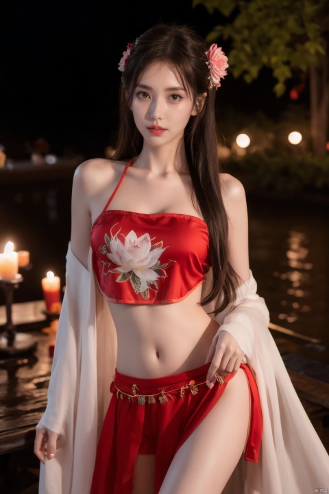  1girl, navel, solo, midriff, bare shoulders, hair ornament,hair flower, long hair, red lips, looking at viewer, chinese clothes, blurry, lips, night, moon, stand in the water, lotus, leg, lipstick, outdoors, upper body, blurry background, makeup, hair bun