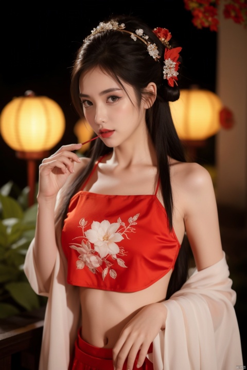  1girl, navel, solo, midriff, bare shoulders, lantern, hair ornament, flower, hair flower, paper lantern, black hair, red lips, looking at viewer, chinese clothes, dress, blurry, solo focus, long hair, lips, night, lipstick, outdoors, upper body, blurry background, solo, makeup, hair bun