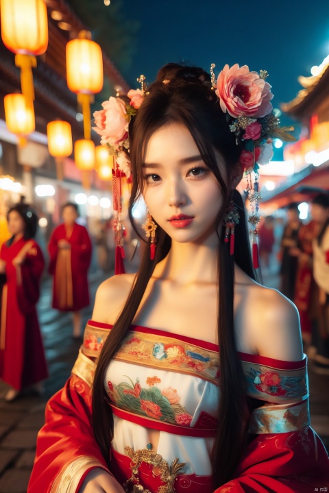  1girl, navel, solo, midriff, bare shoulders, lantern, hair ornament, flower, hair flower, paper lantern, black hair, red lips, looking at viewer, chinese clothes, dress, blurry, solo focus, long hair, lips, night, lipstick, outdoors, upper body, blurry background, solo, makeup, hair bun