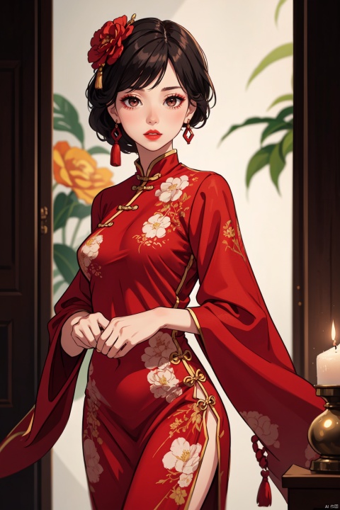 1girl, hair ornament, solo, flower, hair flower, candle, earrings, jewelry, black hair, black eyes, blurry, lips, red lips, looking at viewer, tassel, depth of field, makeup, realistic,(red_clothes:1.5),chinese clothes, floral print, cowboy shot