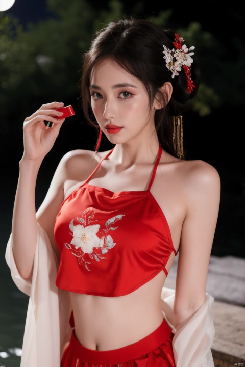  1girl, navel, solo, midriff, bare shoulders, hair ornament, flower, black hair, red lips, looking at viewer, chinese clothes, blurry, solo focus, long hair, lips, night, moon, stand in the water, lipstick, outdoors, upper body, blurry background, solo, makeup, hair bun