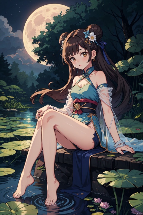 1girl, moon, jewelry, hair bun, solo, long hair, night, sitting, hair ornament, flower, lily pad, double bun, full moon, brown hair, barefoot, sky, lotus, water, earrings, chinese clothes, looking at viewer, night sky, ring, bare shoulders, sash, black hair