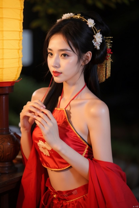 1girl, navel, solo, midriff, bare shoulders, lantern, hair ornament, flower, hair flower, paper lantern, black hair, red lips, looking at viewer, chinese clothes, holding, dress, blurry, solo focus, long hair, lips, night, lipstick, outdoors, upper body, blurry background, solo, makeup, hair bun