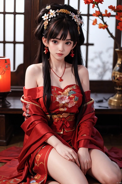 hands_, realistic,
1girl, solo, candle, hair ornament, realistic, jewelry, long hair, flower, hair flower, black hair, necklace, looking at viewer, indoors, chinese clothes, sash, earrings, kimono, black eyes, blurry, sitting,off-the-shoulder
cinematic_lighting