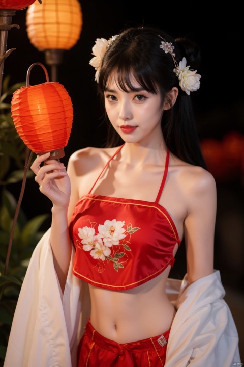 1girl, navel, solo, midriff, bare shoulders, lantern, hair ornament, flower, hair flower, paper lantern, black hair, red lips, looking at viewer, chinese clothes, holding, dress, blurry, solo focus, long hair, lips, night, lipstick, outdoors, upper body, blurry background, solo, makeup, hair bun