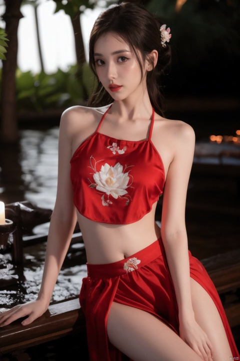  1girl, navel, solo, midriff, bare shoulders, hair ornament,hair flower, long hair, red lips, looking at viewer, chinese clothes, blurry, lips, night, moon, stand in the water, lotus, leg, lipstick, outdoors, upper body, blurry background, makeup, hair bun