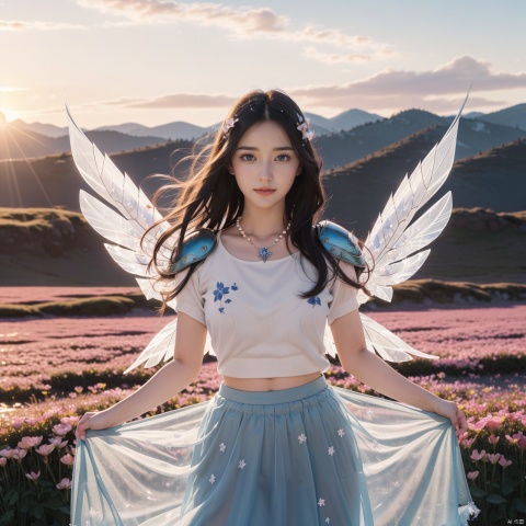  UPPER BODY,(WINGS),cinematic photo official art,unity 8k wallpaper,ultra detailed,aesthetic,masterpiece,best quality,(Long gauze skirt:1.3),The hemline fluttersphotorealistic,entangle,mandala,tangle,entangle,1girl,,ecstasy of flower,dynamic angle,the most beautiful form of chaos,elegant,a brutalist designed,vivid colours,romanticism,atmospheric,135mm photograph,film,bokeh,professional,4k,highly detailed,skin detail realistic,ultra realistic,long hair,straight hair,eyes detail,blue eyes,light in eyes,sunset,((dieselpunk)),sunset,((dieselpunk)),closed mouth,medium breasts,realistic,simple background,(realistic:1.5),masterpiece,Extremely detailed CG unity 8k wallpaper,best quality,highres:1.2),(ultra_detailed, UHD:1.2),(pixiv:1.3),perfect illumination,distinct,unreal engine,sidelighting,perfect face,detailed face,beautiful eyes,pretty face,(bright skin:1.3),idol,ulzzang-6500-v1.1,soft smile,((ink)),(water color),bloom effect,detailed beautiful grassland with petal,flower,butterfly,necklace,smile,petal,(((surrounded by heavy floating petal flow))),blue ashes,((snowflakes)),floating,stars in the eyes,messy floating hair,colored inner hair,Starry sky adorns hair,(lots of big colorful Bubble),(pearl),(Galaxy),depth of field,(((gorgeous crystal armor))),((altocumulus)),(clear_sky),(Crystal wing:1.5),(snow mountain),((flowery flowers)),(flowery bubbles),cloud map plane,crystal,crystal poppies,Brilliant light,thick_coating,glass tint,(watercolor),dynamic angle,rainbow hair,detailed cute anime face,((loli)),flower,cry,water,corrugated,flowers tire,broken glass,(broken screen),atlantis,transparent glass,
