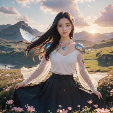 {Two wings）,UPPER BODY,cinematic photo official art,unity 8k wallpaper,ultra detailed,aesthetic,masterpiece,best quality,(Long gauze skirt:1.3),The hemline fluttersphotorealistic,entangle,mandala,tangle,entangle,1girl,,ecstasy of flower,dynamic angle,the most beautiful form of chaos,elegant,a brutalist designed,vivid colours,romanticism,atmospheric,135mm photograph,film,bokeh,professional,4k,highly detailed,skin detail realistic,ultra realistic,long hair,straight hair,eyes detail,blue eyes,light in eyes,sunset,((dieselpunk)),sunset,((dieselpunk)),closed mouth,medium breasts,realistic,simple background,(realistic:1.5),masterpiece,Extremely detailed CG unity 8k wallpaper,best quality,highres:1.2),(ultra_detailed, UHD:1.2),(pixiv:1.3),perfect illumination,distinct,unreal engine,sidelighting,perfect face,detailed face,beautiful eyes,pretty face,(bright skin:1.3),idol,ulzzang-6500-v1.1,soft smile,((ink)),(water color),bloom effect,detailed beautiful grassland with petal,flower,butterfly,necklace,smile,petal,(((surrounded by heavy floating petal flow))),blue ashes,((snowflakes)),floating,stars in the eyes,messy floating hair,colored inner hair,Starry sky adorns hair,(lots of big colorful Bubble),(pearl),(Galaxy),depth of field,(((gorgeous crystal armor))),((altocumulus)),(clear_sky),(Crystal wing:1.5),(snow mountain),((flowery flowers)),(flowery bubbles),cloud map plane,crystal,crystal poppies,Brilliant light,thick_coating,glass tint,(watercolor),dynamic angle,rainbow hair,detailed cute anime face,((loli)),flower,cry,water,corrugated,flowers tire,broken glass,(broken screen),atlantis,transparent glass,