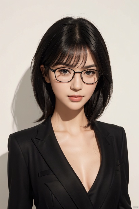  (upper body:1.2),glamor,(mature female:1.3),Black-rimmed glasses,low key,cleavage,(Skin granule:1.3),oval face,1girl,solo,(Face shadow:1.3),(black suit:1.5),Facial texture,shading of the nose,big eyes,white background,black hair,perfect face,Oval face,Seductive smile,upper body,best quality,masterpiece,realistic,ultra-fine painting,sharp focus,extreme detail description,realistic,masterpiece,1girl,(image noise:1.3),asymmetric bangs,medium hair,shoulder,
