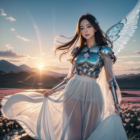  UPPER BODY,cinematic photo official art,unity 8k wallpaper,ultra detailed,aesthetic,masterpiece,best quality,(Long gauze skirt:1.3),The hemline fluttersphotorealistic,entangle,mandala,tangle,entangle,1girl,,ecstasy of flower,dynamic angle,the most beautiful form of chaos,elegant,a brutalist designed,vivid colours,romanticism,atmospheric,135mm photograph,film,bokeh,professional,4k,highly detailed,skin detail realistic,ultra realistic,long hair,straight hair,eyes detail,blue eyes,light in eyes,sunset,((dieselpunk)),sunset,((dieselpunk)),closed mouth,medium breasts,realistic,simple background,(realistic:1.5),masterpiece,Extremely detailed CG unity 8k wallpaper,best quality,highres:1.2),(ultra_detailed, UHD:1.2),(pixiv:1.3),perfect illumination,distinct,unreal engine,sidelighting,perfect face,detailed face,beautiful eyes,pretty face,(bright skin:1.3),idol,ulzzang-6500-v1.1,soft smile,((ink)),(water color),bloom effect,detailed beautiful grassland with petal,flower,butterfly,necklace,smile,petal,(((surrounded by heavy floating petal flow))),blue ashes,((snowflakes)),floating,stars in the eyes,messy floating hair,colored inner hair,Starry sky adorns hair,(lots of big colorful Bubble),(pearl),(Galaxy),depth of field,(((gorgeous crystal armor))),((altocumulus)),(clear_sky),(Crystal wing:1.5),(snow mountain),((flowery flowers)),(flowery bubbles),cloud map plane,crystal,crystal poppies,Brilliant light,thick_coating,glass tint,(watercolor),dynamic angle,rainbow hair,detailed cute anime face,((loli)),flower,cry,water,corrugated,flowers tire,broken glass,(broken screen),atlantis,transparent glass,
