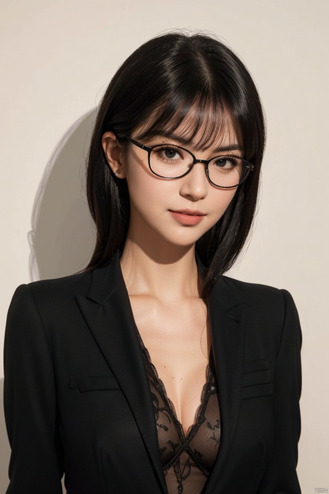  (upper body:1.2),glamor,(mature female:1.3),Black-rimmed glasses,low key,cleavage,(Skin granule:1.3),oval face,1girl,solo,(Face shadow:1.3),(black suit:1.5),Facial texture,shading of the nose,big eyes,white background,black hair,perfect face,Oval face,Seductive smile,upper body,best quality,masterpiece,realistic,ultra-fine painting,sharp focus,extreme detail description,realistic,masterpiece,1girl,(image noise:1.3),asymmetric bangs,medium hair,shoulder,