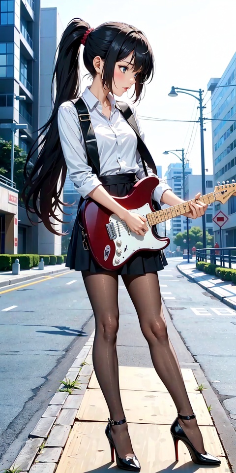  1girl, playing stratocaster-shaped guitar, natural finish electric guitar, stratocaster guitar, 

(pantyhose, high-heels, long and slender and beautiful legs), black hair, ponytail, stand, outdoor, 

masterpiece, best quality, 8k,moyou, anime