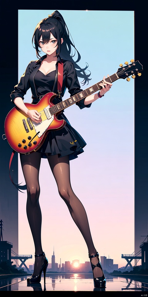  1girl, playing guitar, natural finish electric guitar,

(pantyhose, high-heels, long and slender and beautiful legs), black hair, ponytail, stand, outdoor, 

masterpiece, best quality, 8k,moyou,anime,啊撒大声地, playing_electric_guitar