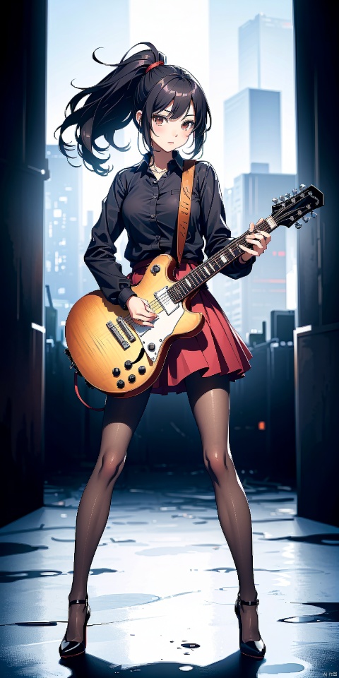  1girl, playing guitar, natural finish electric guitar,f-hole,

(pantyhose, high-heels, long and slender and beautiful legs), black hair, ponytail, stand, outdoor, 

masterpiece, best quality, 8k,moyou,anime,啊撒大声地, playing_electric_guitar