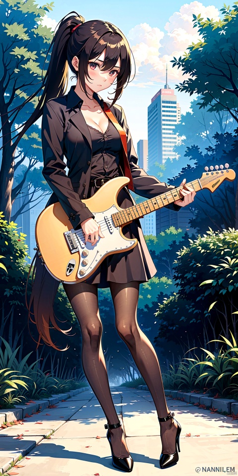  1girl, playing stratocaster-shaped guitar, natural finish electric guitar, stratocaster guitar, 

(pantyhose, high-heels, long and slender and beautiful legs), black hair, ponytail, stand, outdoor, 

masterpiece, best quality, 8k,moyou,anime,啊撒大声地