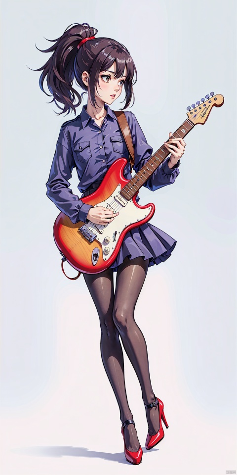  1girl, playing stratocaster-shaped guitar, natural finish electric guitar, stratocaster guitar, 

(pantyhose, high-heels, long and slender and beautiful legs), black hair, ponytail, stand, outdoor, 

masterpiece, best quality, 8k,moyou