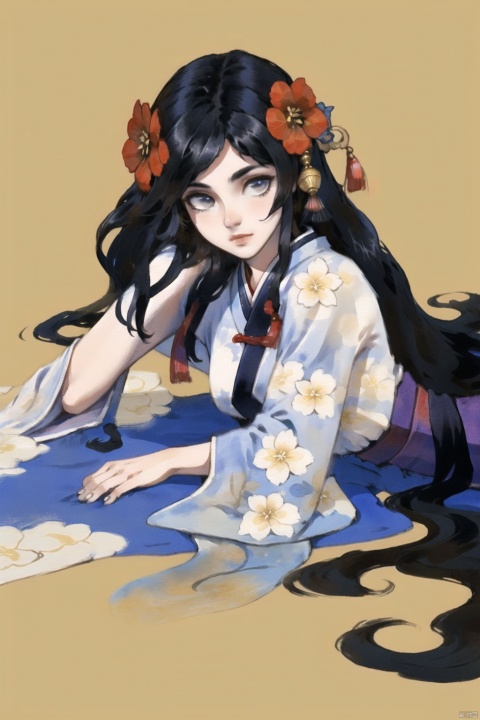  best quality,masterpiece,realistic,(simple background:1.3),hair ornament,1girl,solo,black hair,long hair,mountain,cloud,(flower:1.2),upper body,wind,hanfu , hair ornament , chinese clothes,leaf,lying,(on side),ink wash painting,ink,head hold