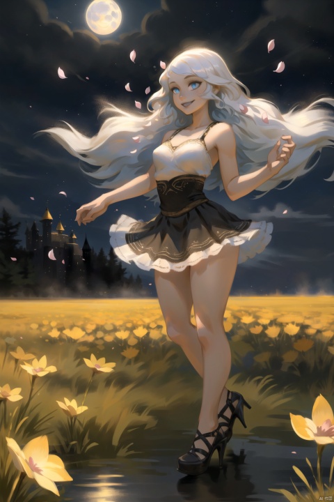  tutututu, high heels, full body, masterpiece, best quality, 2girls, (colorful hair),(delicate eyes and face), volumatic light, ray tracing, bust shot ,extremely detailed CG unity 8k wallpaper,solo,smile,intricate skirt,((flying petal)),(Flowery meadow) sky, cloudy_sky, moonlight, moon, night, (dark theme:1.3), light, fantasy, windy, magic sparks, dark castle,white hair,