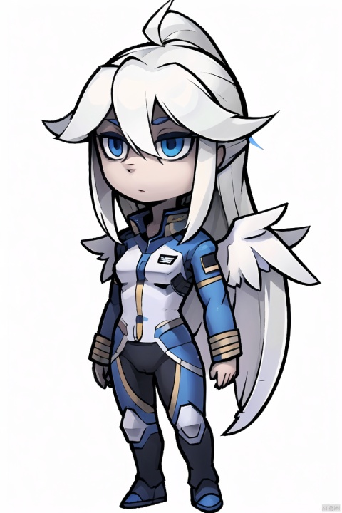 masterpiece,highres, solo, 1girl,chibi,white hair,long hair,holy wings,bang,blue eyes,sci-fic,battle suit uniform,simple background, touchdetective