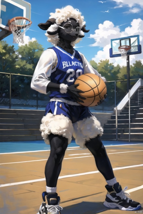  masterpiece,furry sheep girl,BlacknoseSheep,player_uniform,play basketball,black face,basketball court,glasses