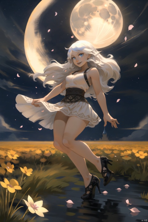 tutututu, high heels, full body, masterpiece, best quality, 2girls, (colorful hair),(delicate eyes and face), volumatic light, ray tracing, bust shot ,extremely detailed CG unity 8k wallpaper,solo,smile,intricate skirt,((flying petal)),(Flowery meadow) sky, cloudy_sky, moonlight, moon, night, (dark theme:1.3), light, fantasy, windy, magic sparks, dark castle,white hair,