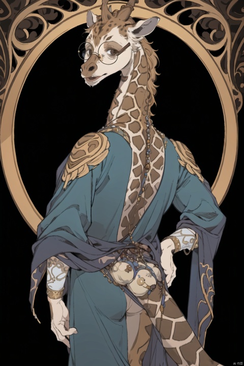 animal anthropomorphism giraffe, (cowboy shot), Wearing luxury sack-back gown, Old-fashioned glasses, detailed and opulent description of a male aristocrats sack-back gown in Rococo style, emphasizing luxurious fabrics, intricate embroidery, and ornate accessories, Rococo style background